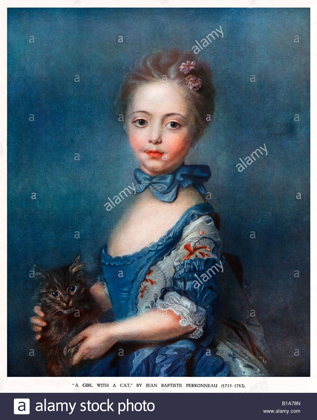 1049x1390 Girl With A Cat 18th Century Painting By French Artist Jean - Girl In Blue Dress Painting