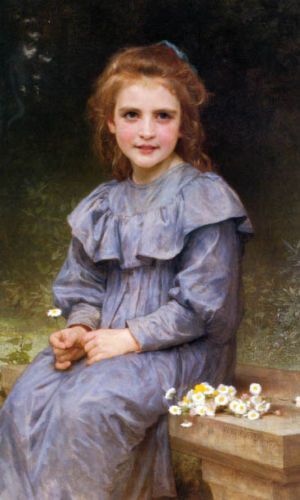300x500 Girl Blue Dress With Daisies Flowers Painting By Bouguereau - Girl In Blue Dress Painting