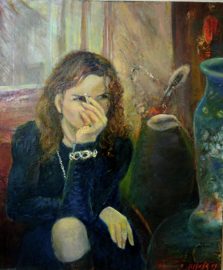 741x900 The Girl In Blue Dress Painting By Sylva Zalmanson - Girl In Blue Dress Painting