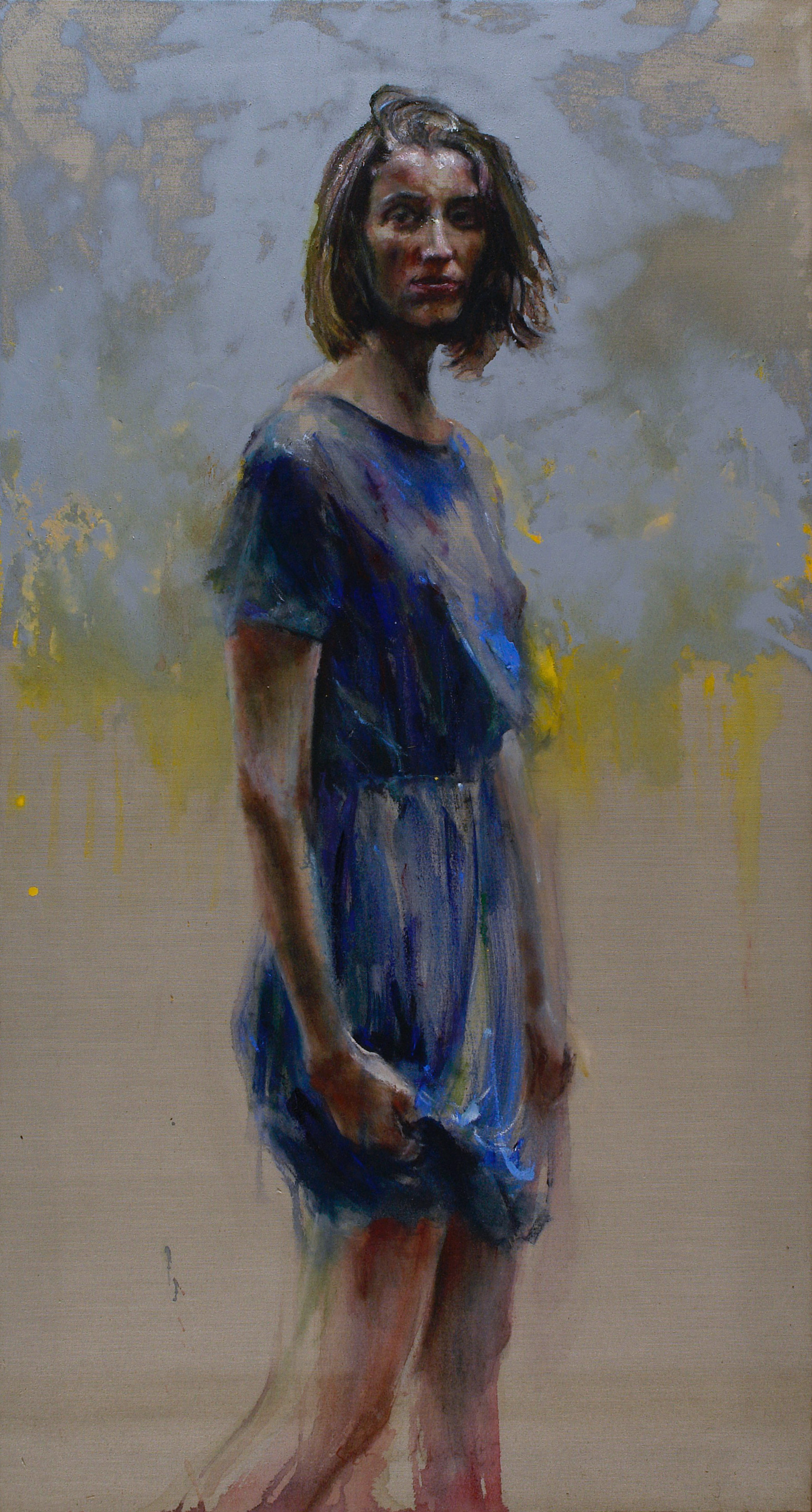 1903x3543 Paintings Sam Drukker - Girl In Blue Dress Painting