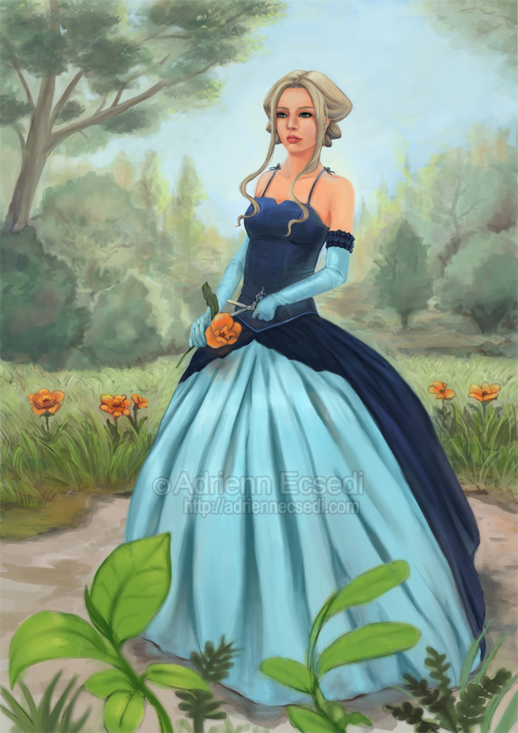 744x1052 Flower In The Garden - Girl In Blue Dress Painting