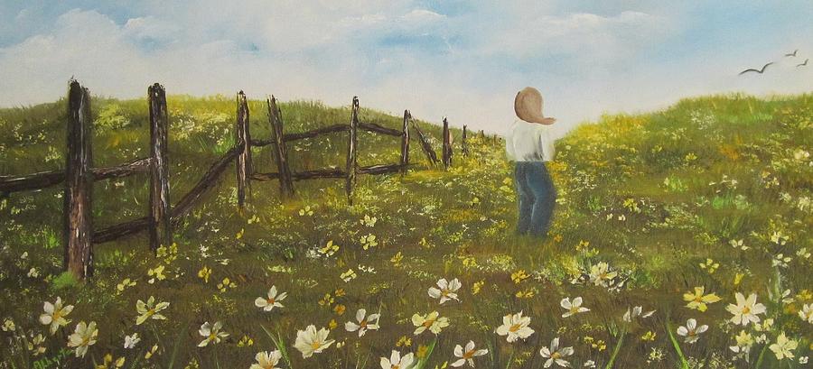 900x409 Girl In Field Of Daisies Painting By Amy Pettijohn - Girl In Field Painting