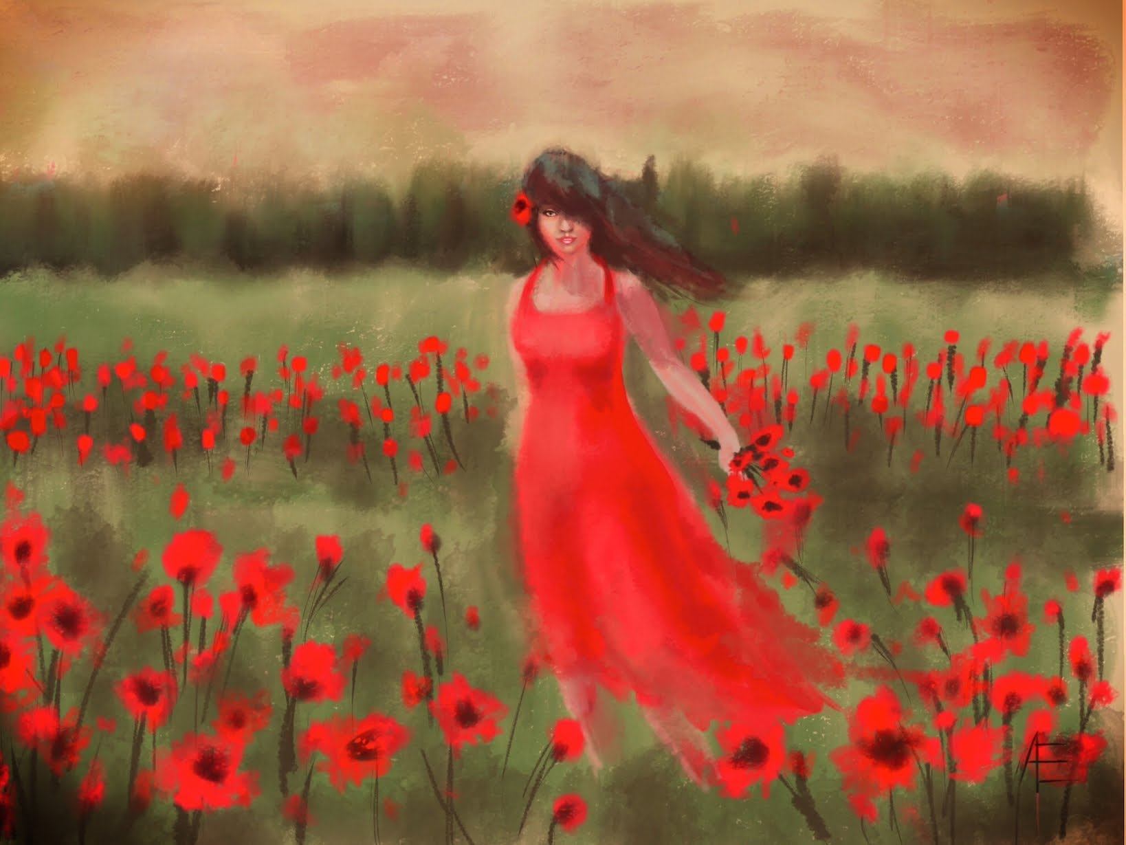1638x1229 Girl In The Poppy Field Speed Painting Ipad Procreate - Girl In Field Painting