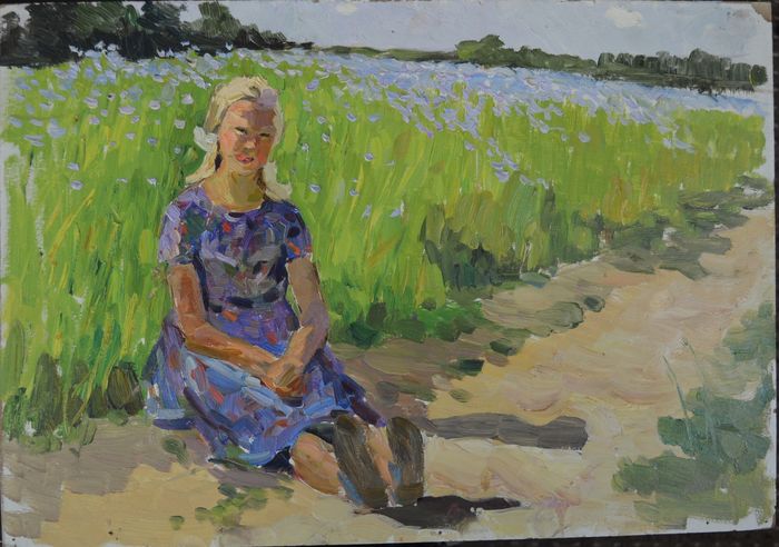 700x492 Saikina Aleksandra Vasilevne - Girl In Field Painting