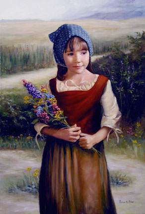 292x432 Gifts Of The Fields, An Oil Painting By Thomas Baker - Girl In Meadow Painting