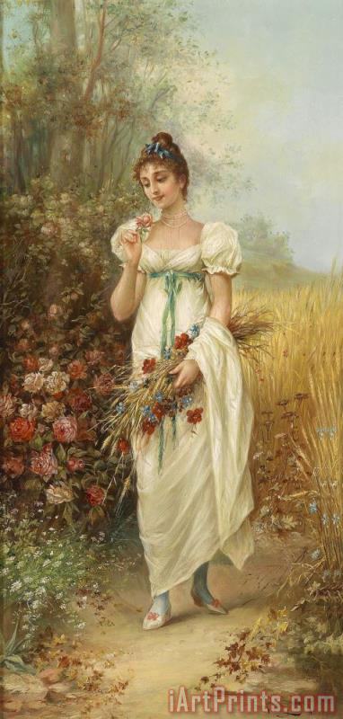 382x800 Hans Zatzka Circle Girl With Meadow Flowers And Roses Painting - Girl In Meadow Painting