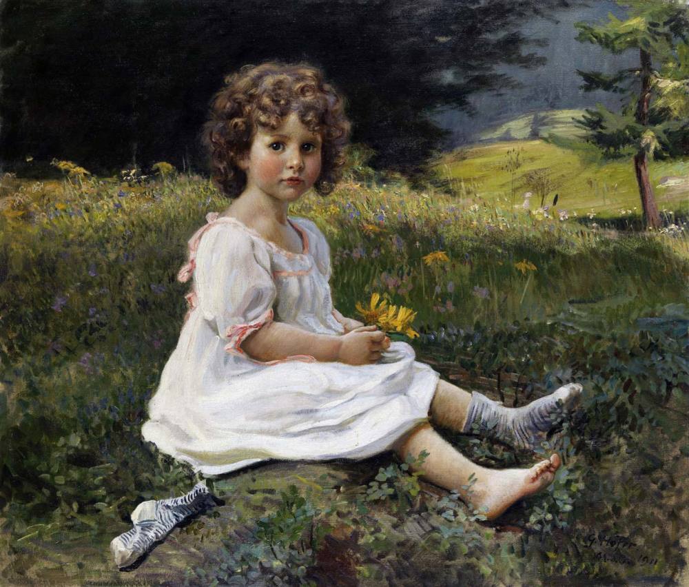 1000x852 Little Girl In White Dress On A Meadow By Gottfried Hofer - Girl In Meadow Painting