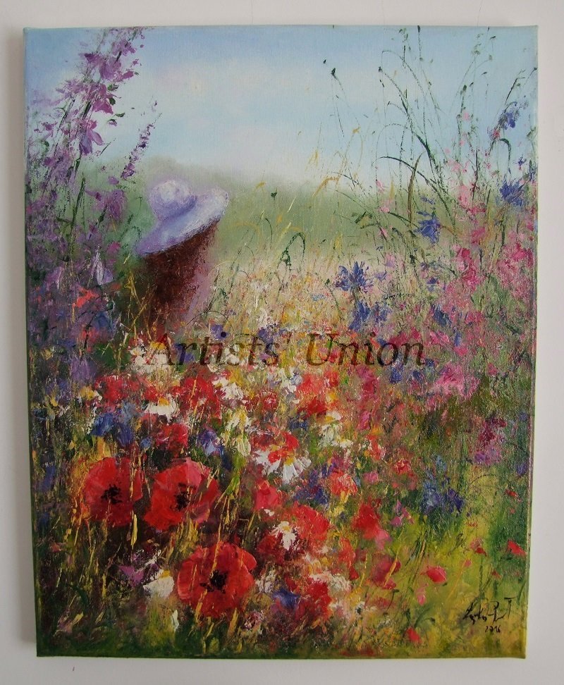 800x972 Meadow Girl Original Oil Painting Red Poppies Landscape Impasto - Girl In Meadow Painting
