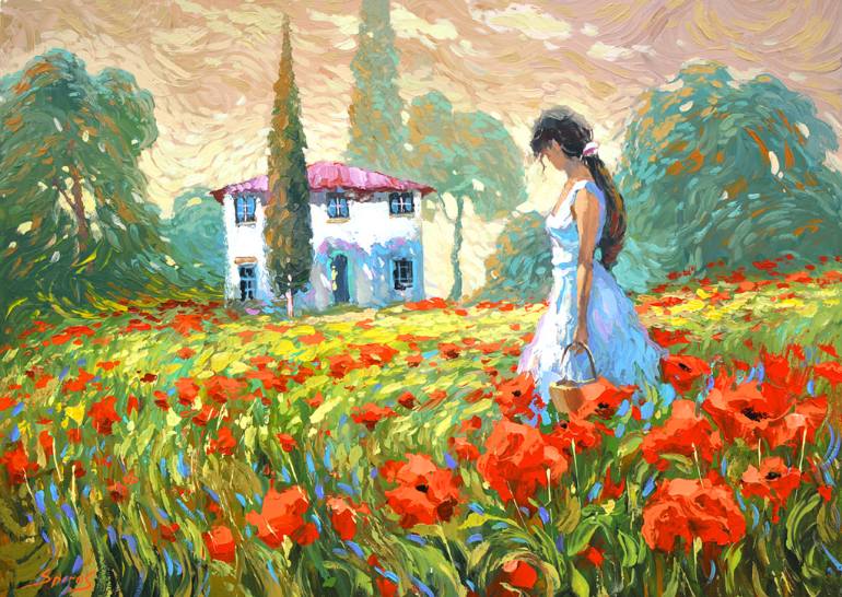 770x546 Saatchi Art Girl And Poppies - Girl In Meadow Painting