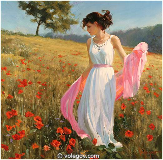 522x512 Sensitive Images Women By The Russian Painter Vladimir Volegov - Girl In Meadow Painting