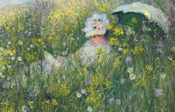 596x380 Wallpaper Grass, Girl, Flowers, Nature, Picture, Umbrella, Claude - Girl In Meadow Painting