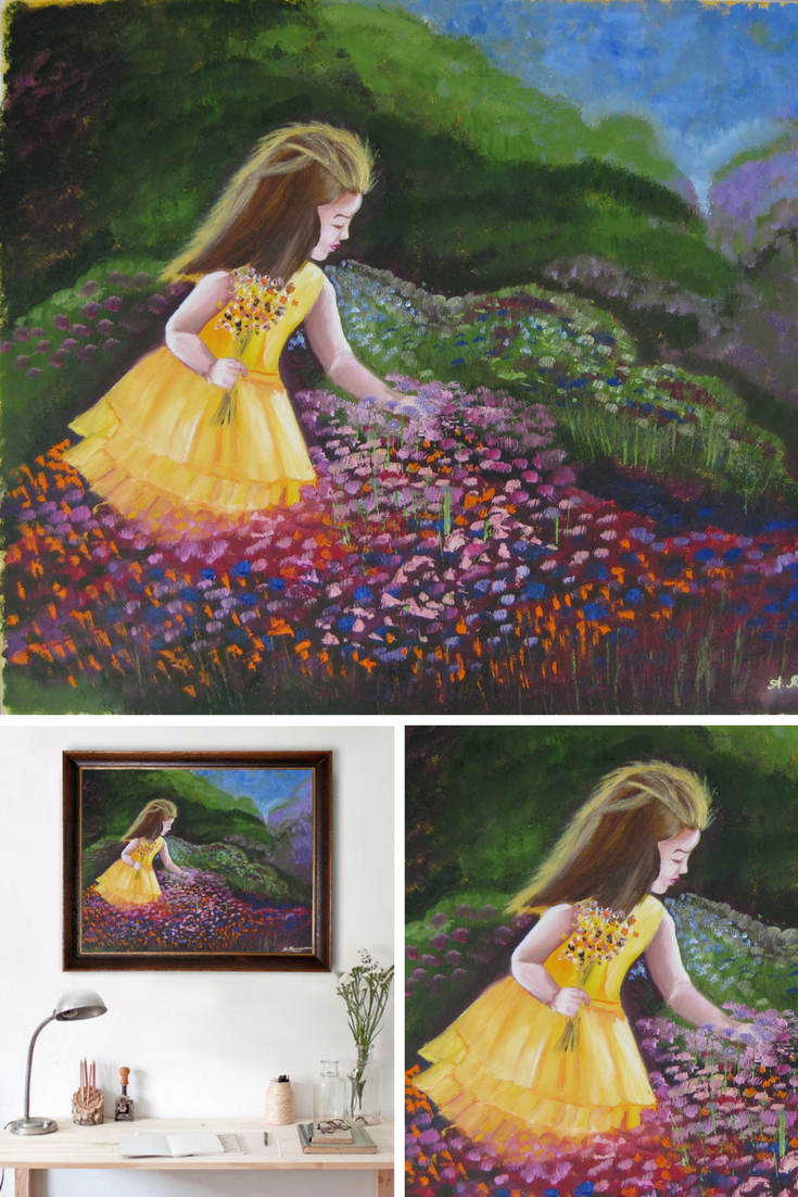 735x1102 A Girl On The Blossoming Meadow. Original Oil Painting On Canvas - Girl In Meadow Painting