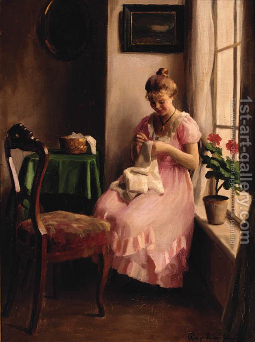 512x687 A Girl In A Pink Dress Sewing By The Window Emil Pap Reproduction - Girl In Pink Dress Painting