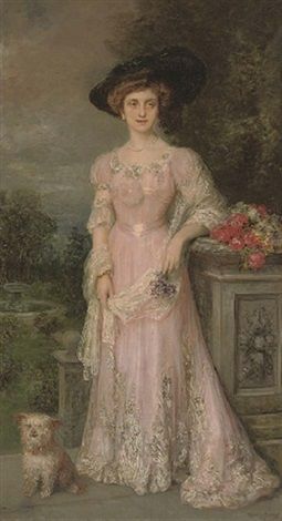 255x470 Portrait Of A Lady In A Pink Dress, Standing Alongside Her Dog By - Girl In Pink Dress Painting