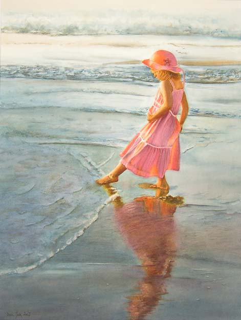 471x624 Watercolor Figurative Painting Little Girl With Pink Dress And Hat - Girl In Pink Dress Painting