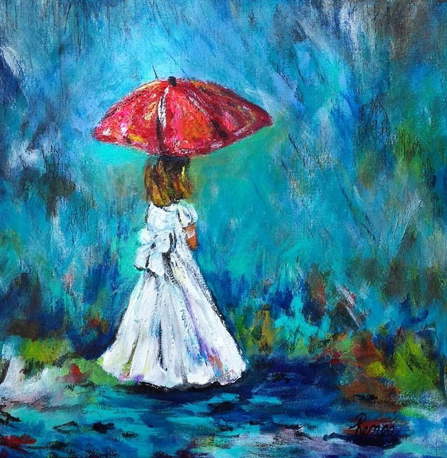 878x900 Dancing In The Rain - Girl In Rain Painting
