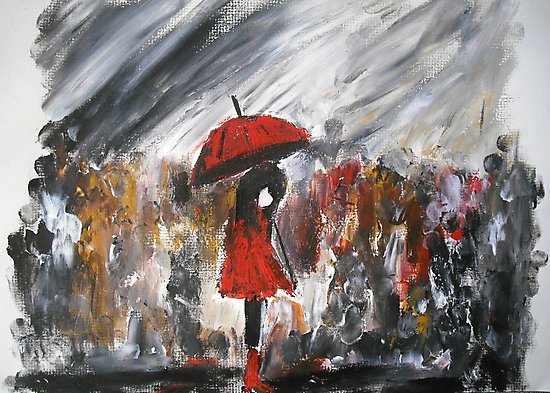 550x393 Girl In Red Raincoat Umbrella Rainy Day Acrylic Painting On Paper - Girl In Rain Painting