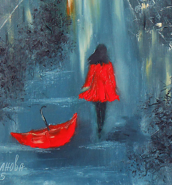 570x613 Girl Painting Print Modern Girl Rain Painting Red Umbrella Art - Girl In Rain Painting