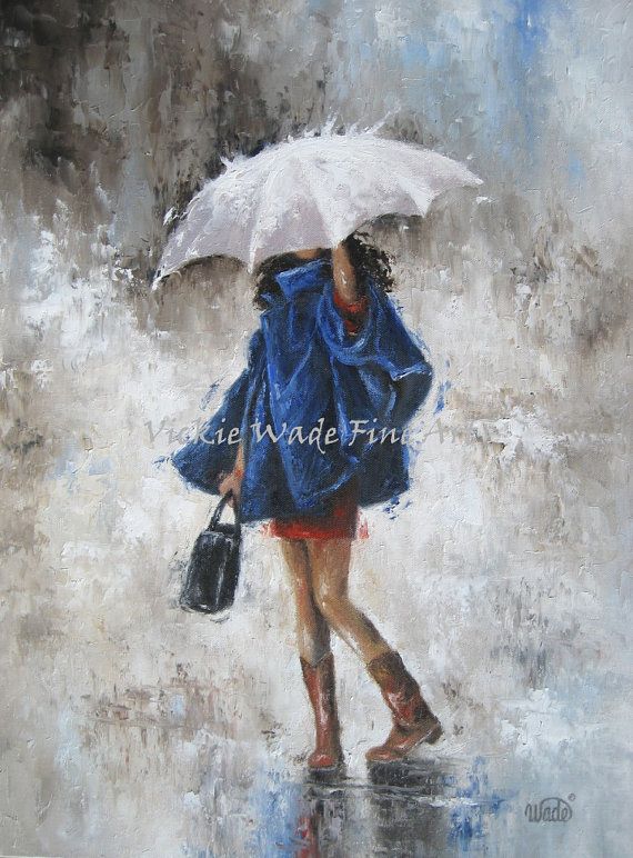 570x772 Rain Girl In Blue 18x24 Original Oil Painting Lady Woman Umbrella - Girl In Rain Painting