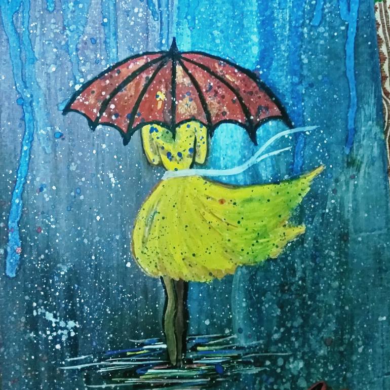 770x770 Saatchi Art Girl In The Rain Night Painting By Ruchi Baghel - Girl In Rain Painting