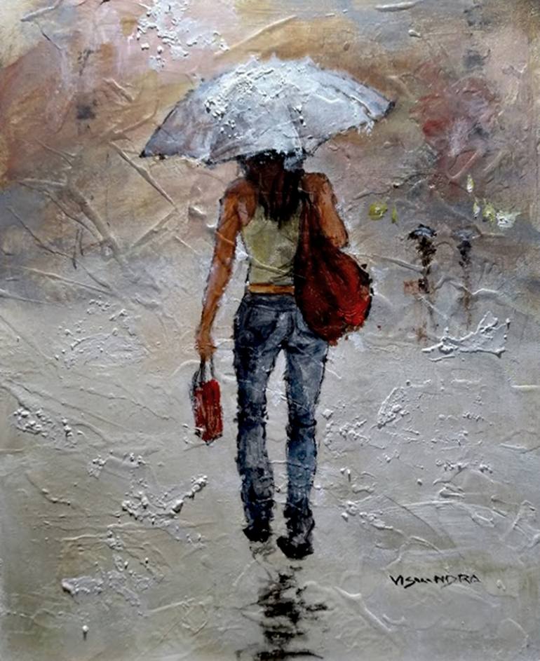 770x943 Saatchi Art Girl In The Rain Painting By Vishalandra M Dakur - Girl In Rain Painting