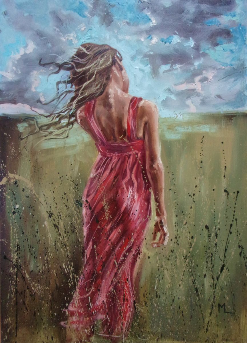 865x1200 In Red (Monika Luniak) - Girl In Red Dress Painting
