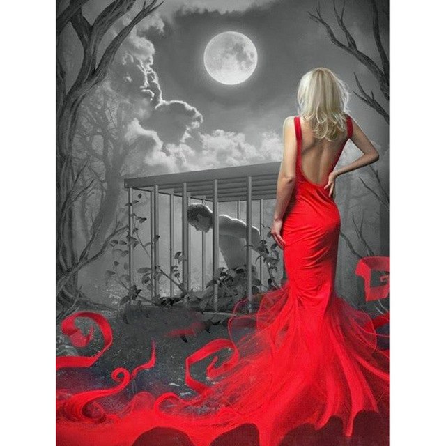 640x640 New Red Dress Girl Square Diamond Painting Sets Room Decor - Girl In Red Dress Painting