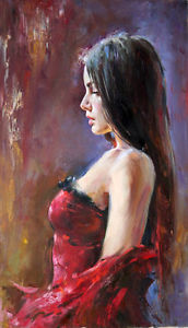 172x300 Oil Painting Beautiful Young Girl In Red Dress Shawl With Long - Girl In Red Dress Painting