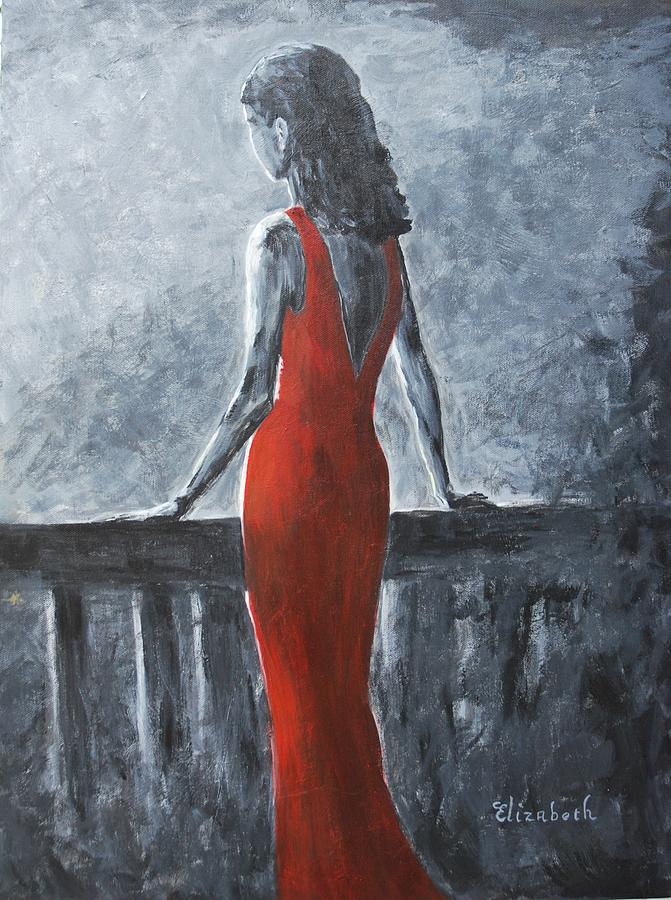 671x900 Red Balcony Dress Painting By Beth Maddox - Girl In Red Dress Painting