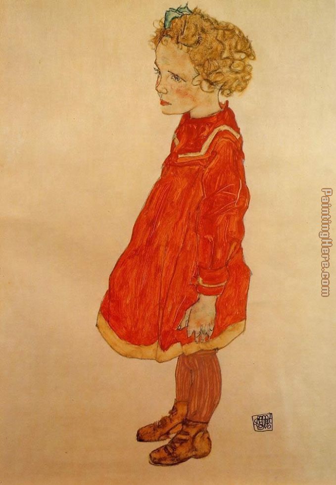679x980 Egon Schiele Little Girl With Blond Hair In A Red Dress Painting - Girl In Red Dress Painting