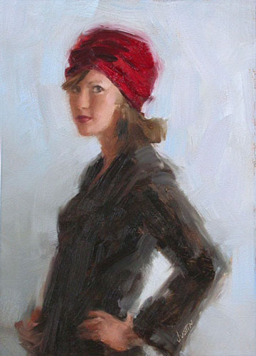 360x500 Paintings By Justin Clayton Girl With Red Hat 5x7 In. - Girl In Red Hat Painting