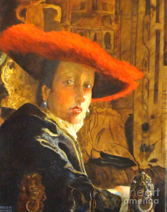 711x900 The Girl With The Red Hat After Jan Vermeer Painting By Dagmar Helbig - Girl In Red Hat Painting