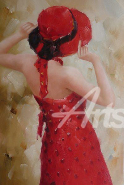 401x600 Women In Red Dress And Red Hat Oil Painting - Girl In Red Hat Painting