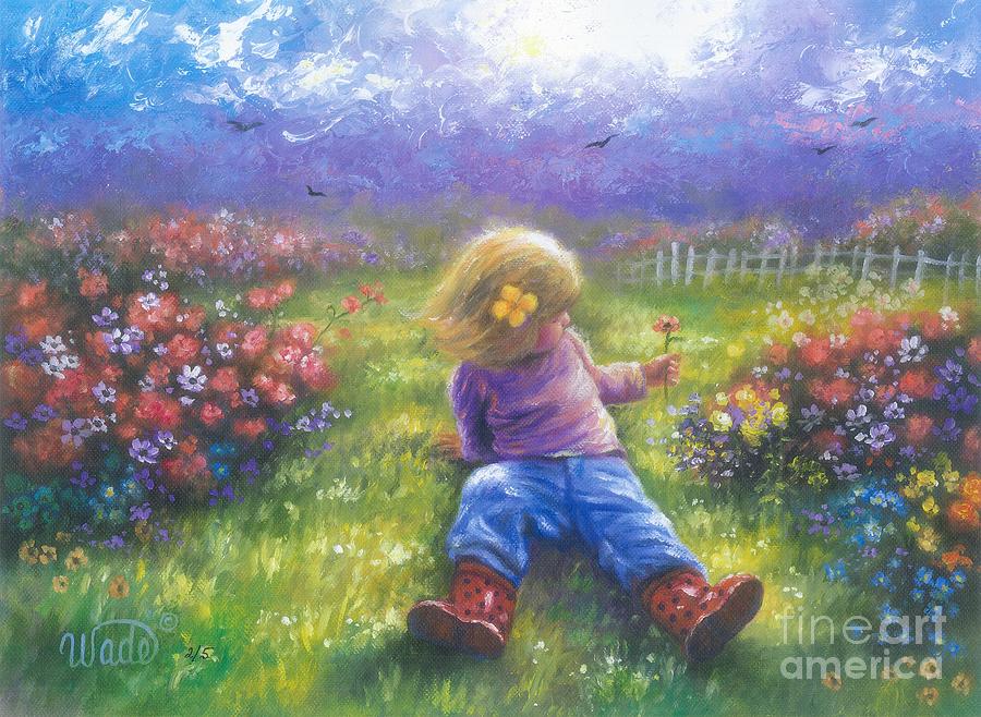 900x658 Little Blonde Garden Girl Painting By Vickie Wade - Girl In The Garden Painting