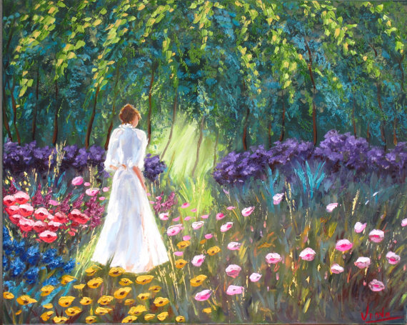 570x455 Original Oil Painting Walk In The Lush Garden Summer Landscape - Girl In The Garden Painting