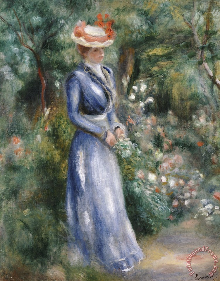 752x960 Pierre Auguste Renoir Woman In A Blue Dress Standing In The Garden - Girl In The Garden Painting