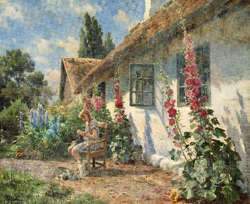 500x409 Summer Day In The Garden With A Girl Knitting Painting Peder - Girl In The Garden Painting