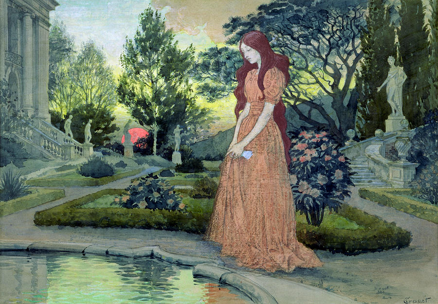 900x625 Young Girl In A Garden Painting By Eugene Grasset - Girl In The Garden Painting