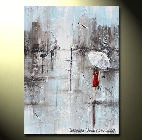 480x473 Giclee Print Art Abstract Painting Girl Red Umbrella Grey - Girl In The Rain Painting