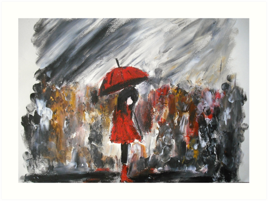 549x413 Girl In Red Raincoat Umbrella Rainy Day Acrylic Painting On Paper - Girl In The Rain Painting