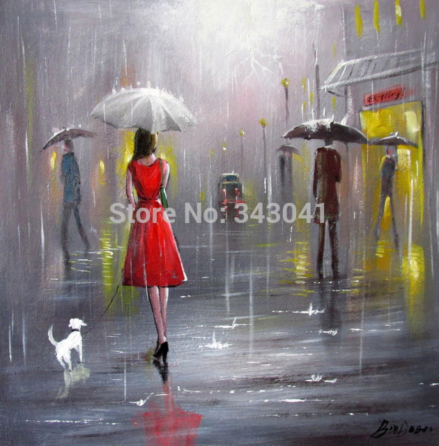 630x640 Free Shipping Original Abstract Landscape Oil Painting Girl - Girl In The Rain Painting