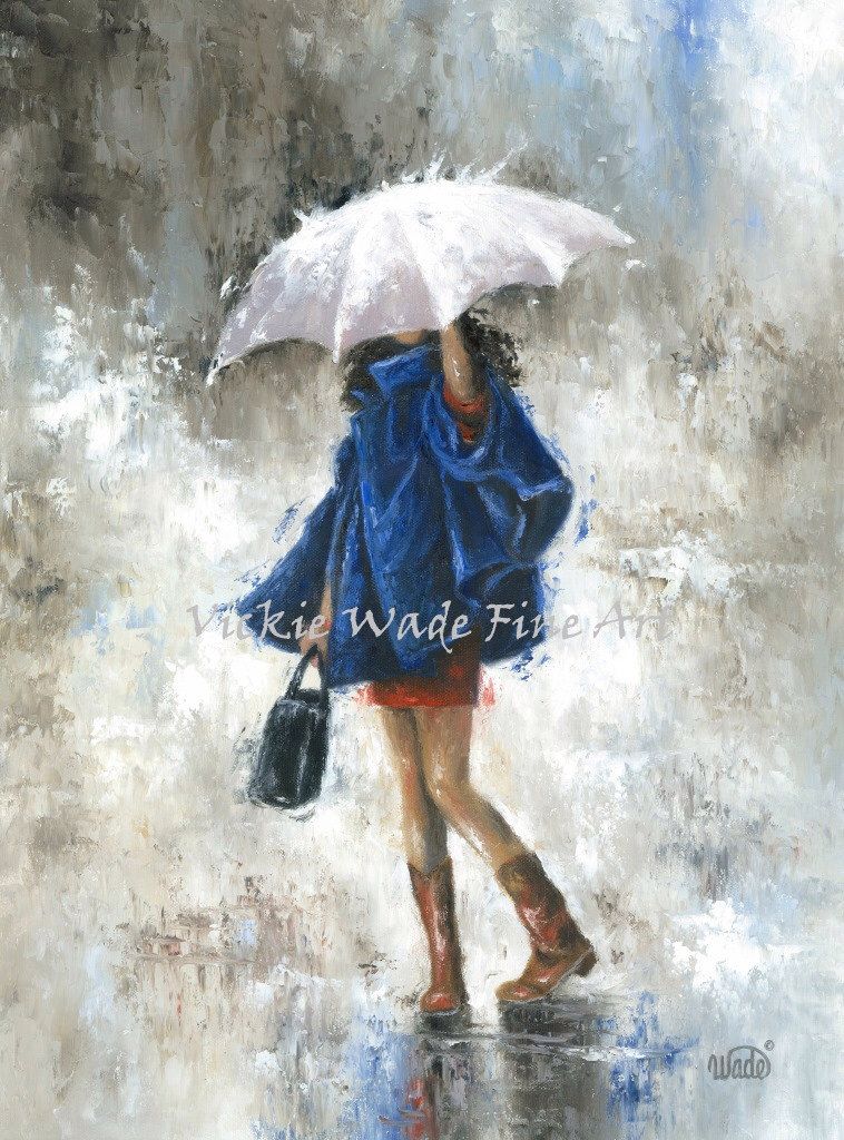 758x1024 Fashion Lady Art Print Pretty Woman Rain, Girl In Rain, Navy Blue - Girl In The Rain Painting