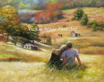 340x270 Country Lovers Meadow Art Print Loving Couple Romantic - Girl In Wheat Field Painting