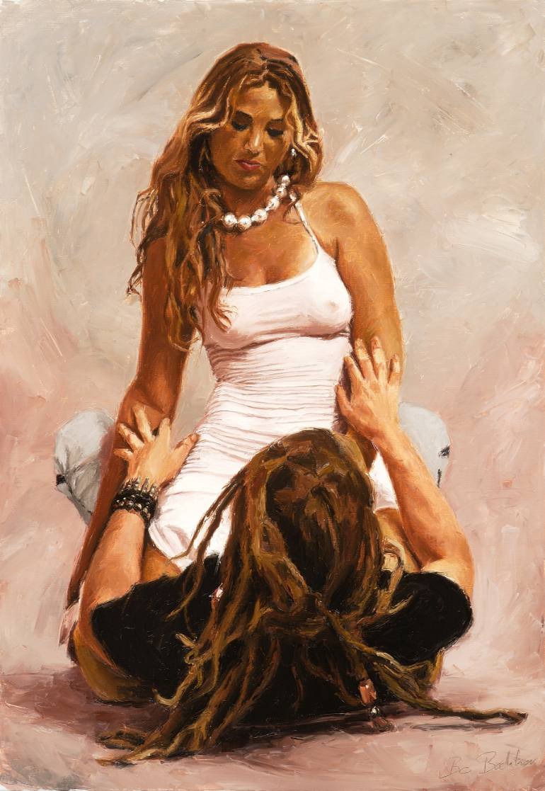 770x1117 Saatchi Art Woman In White Dress Sitting On Man Painting By Bo - Girl In White Dress Painting