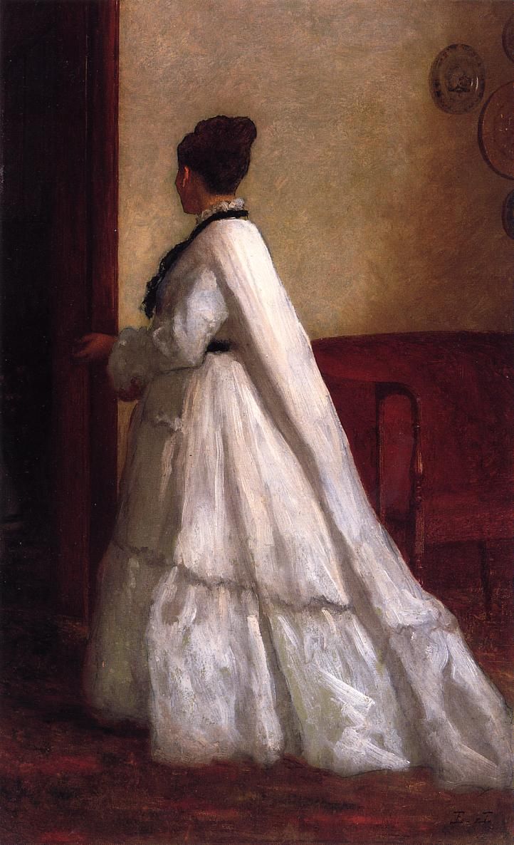 722x1186 Woman In A White Dress Painting Eastman Johnson Oil Paintings - Girl In White Dress Painting