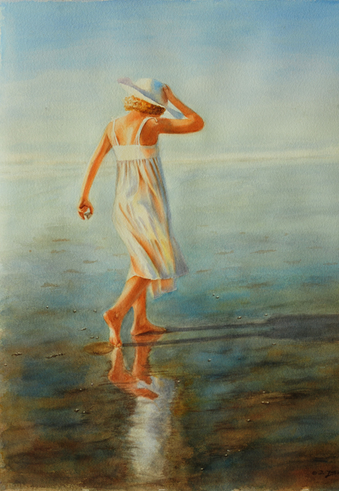 490x709 Young Girl Walking - Girl In White Dress Painting