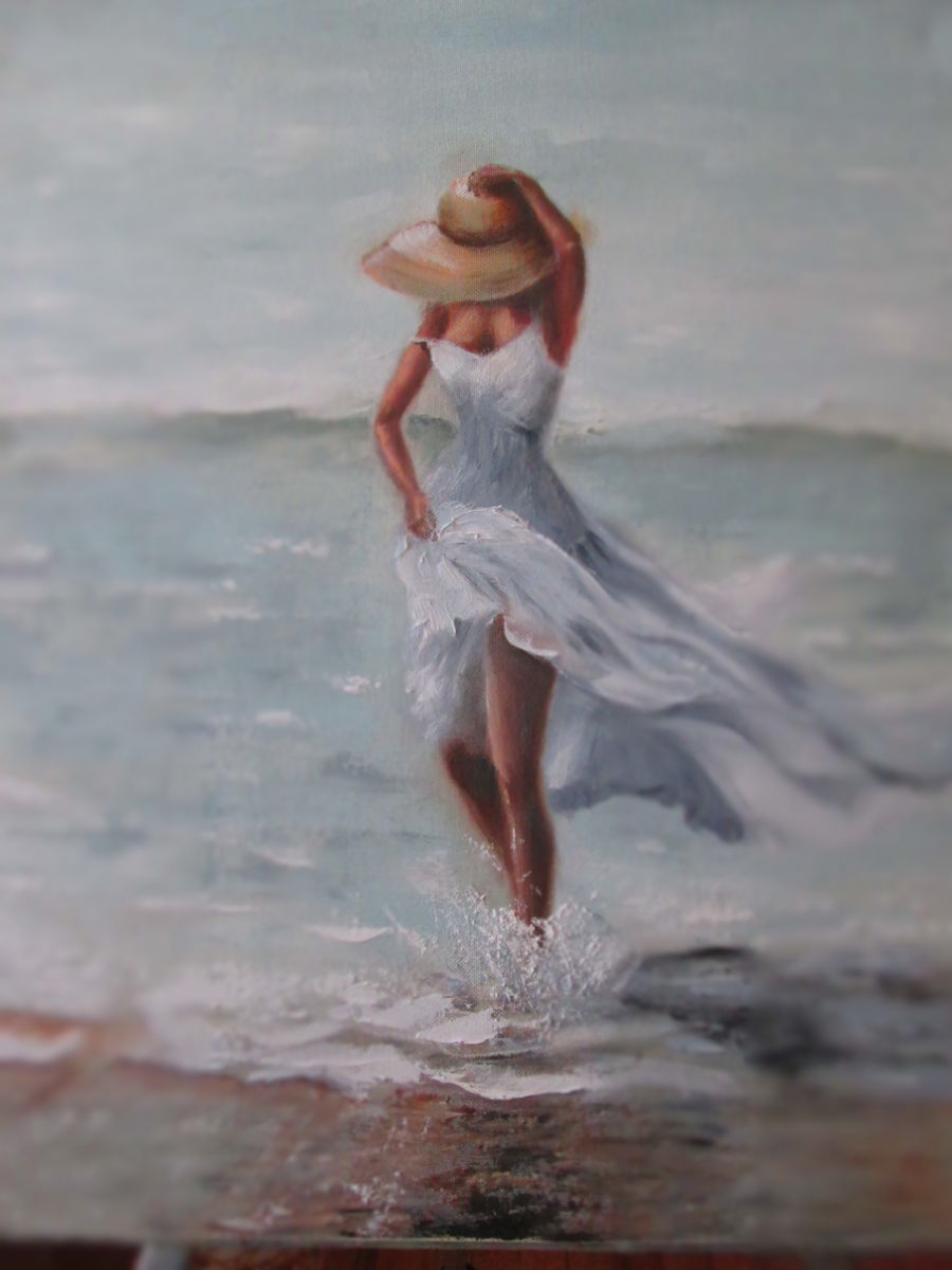 900x1200 Girl In White Dress In The Sea 40x50.jpg (Elenamarlen Marlen) - Girl In White Dress Painting