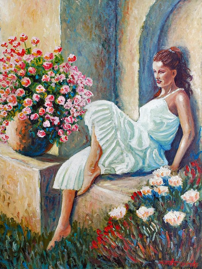 676x900 Girl With White Dress Painting By Santo De Vita - Girl In White Dress Painting