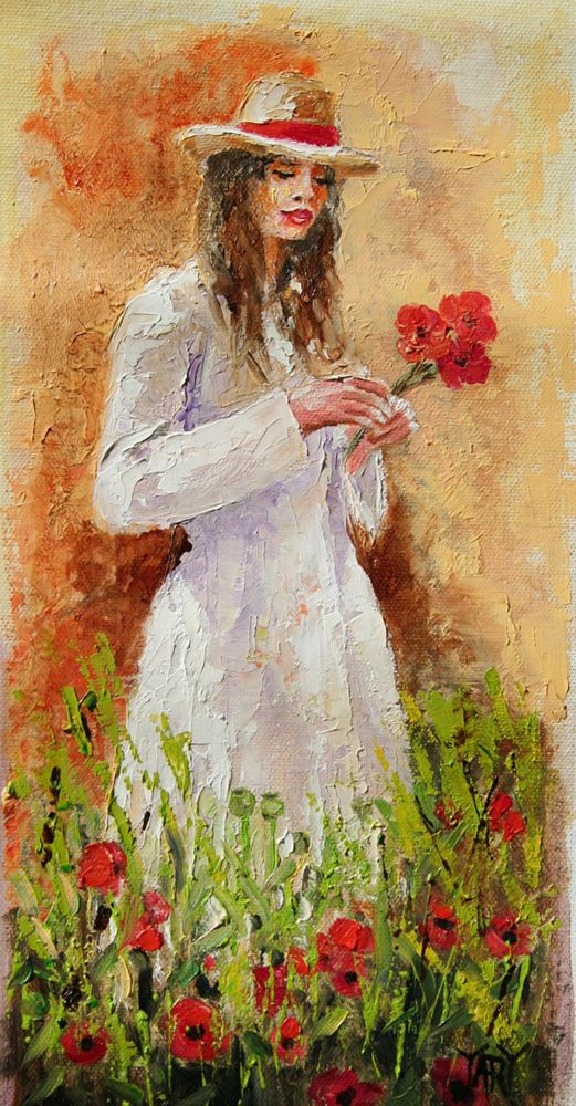 521x1000 Yary Dluhos Summer Girl Woman Figure White Dress Hat Poppy - Girl In White Painting