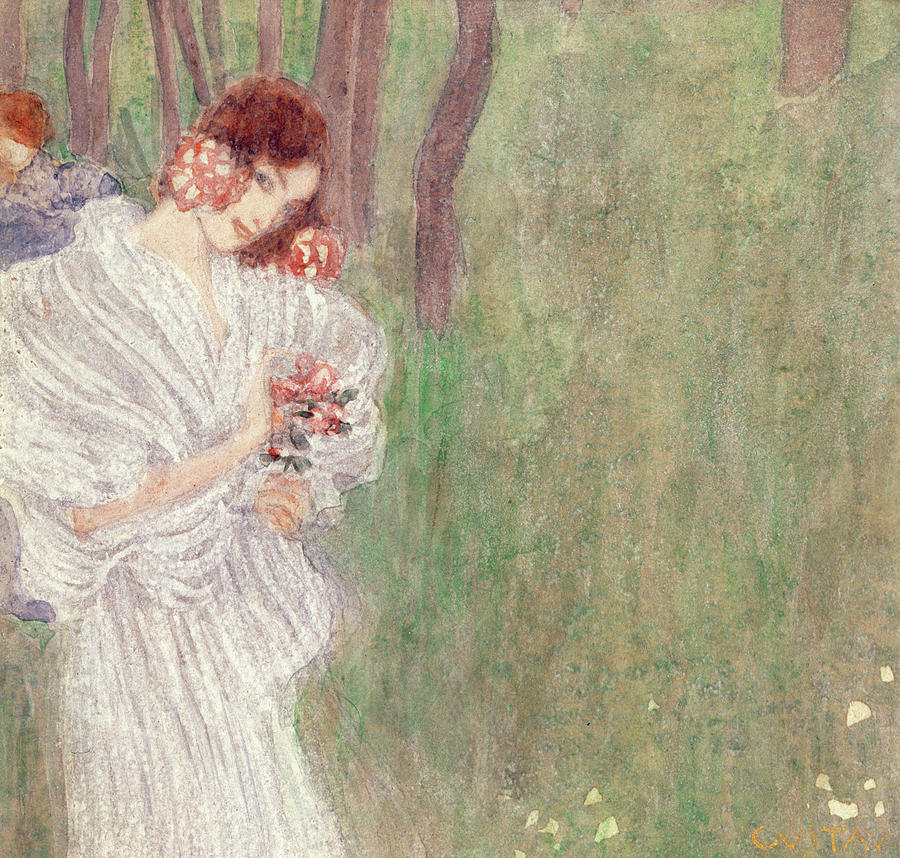 900x858 Girl In A White Dress Standing In A Forest Painting By Gustav Klimt - Girl In White Painting